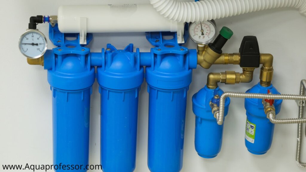 a whole house water filter in operation